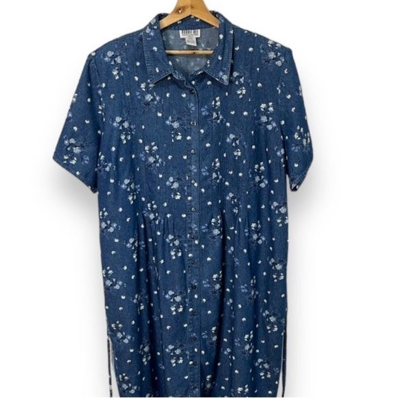 Robbie Bee Ditzy Flower 90s Y2K Denim Maxi Dress Belted Shirt Dress Size 24W - Picture 1 of 14